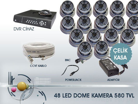 16 Kameralı 48 LED 580 TVL Çelik Dome Kamera Seti Montaj Dahil
